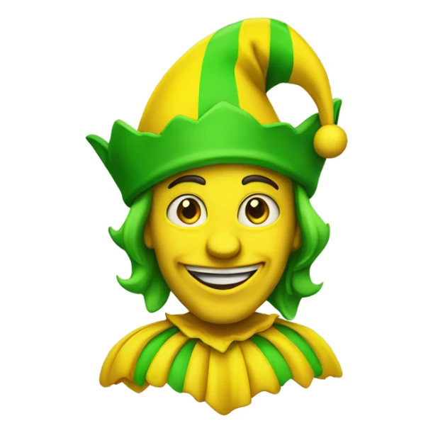 A yellow jester who is wearing green sticker