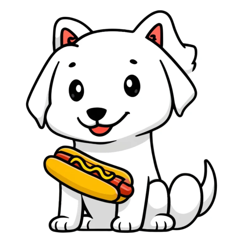 dog eating a suspicious hot dog sticker
