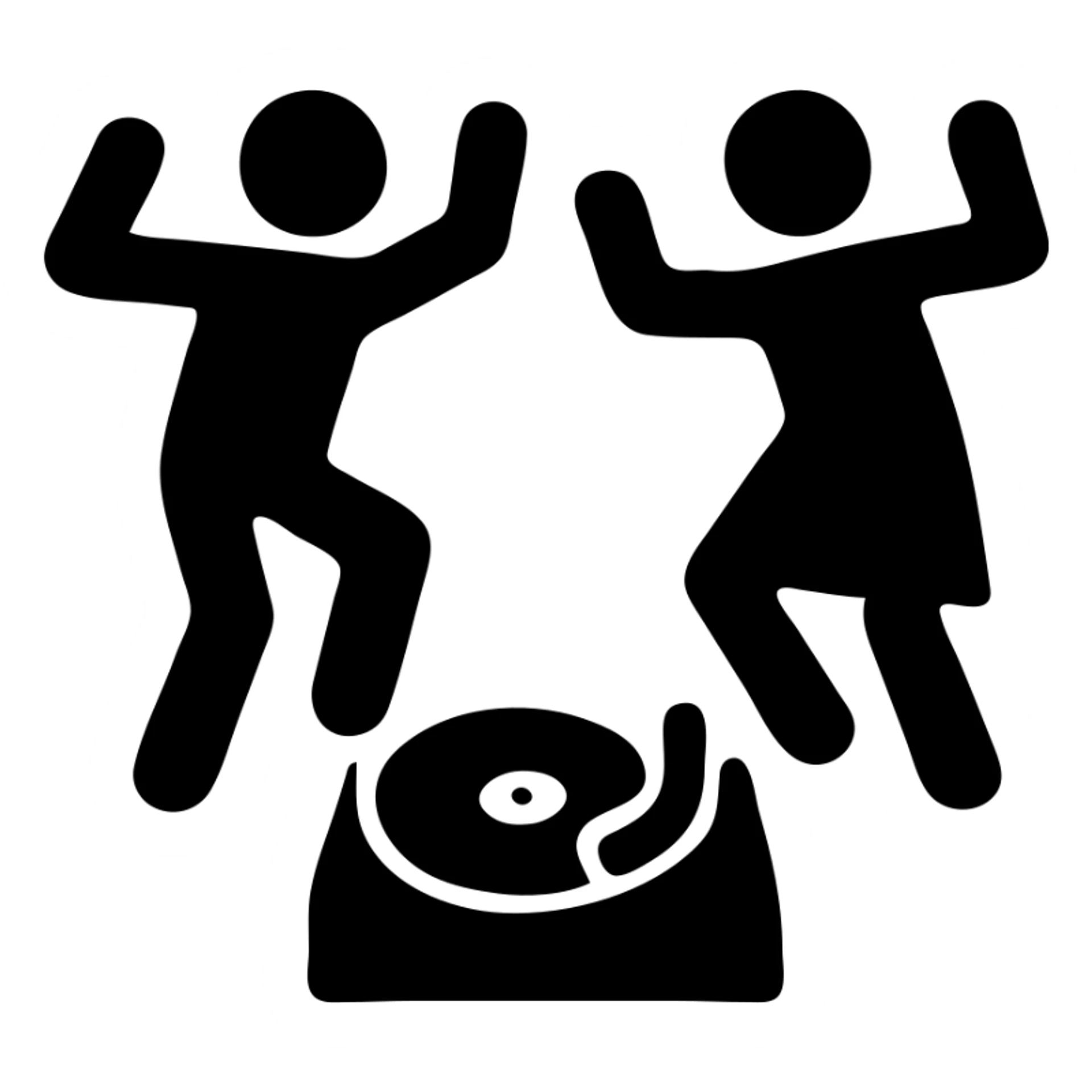 Two minimalist stick figures dancing near a record player, like a warning sign, black and white sticker