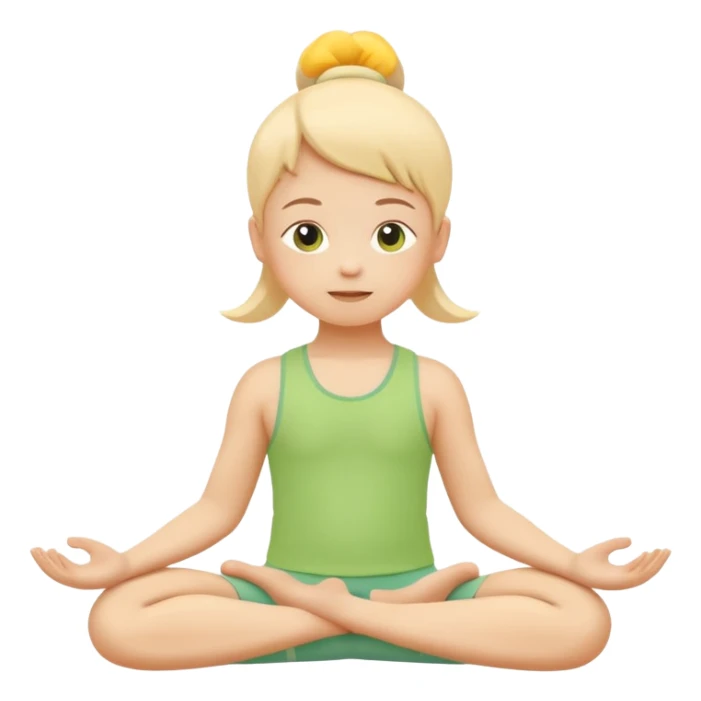 Flat illustration emoji of a small child practicing yoga, simple pose, calm and happy expression, soft pastel colors (yellow, green, soft orange), rounded shapes, minimal details, child-friendly, gentle and warm style, vector illustration, no background, cohesive style with kindergarten branding sticker