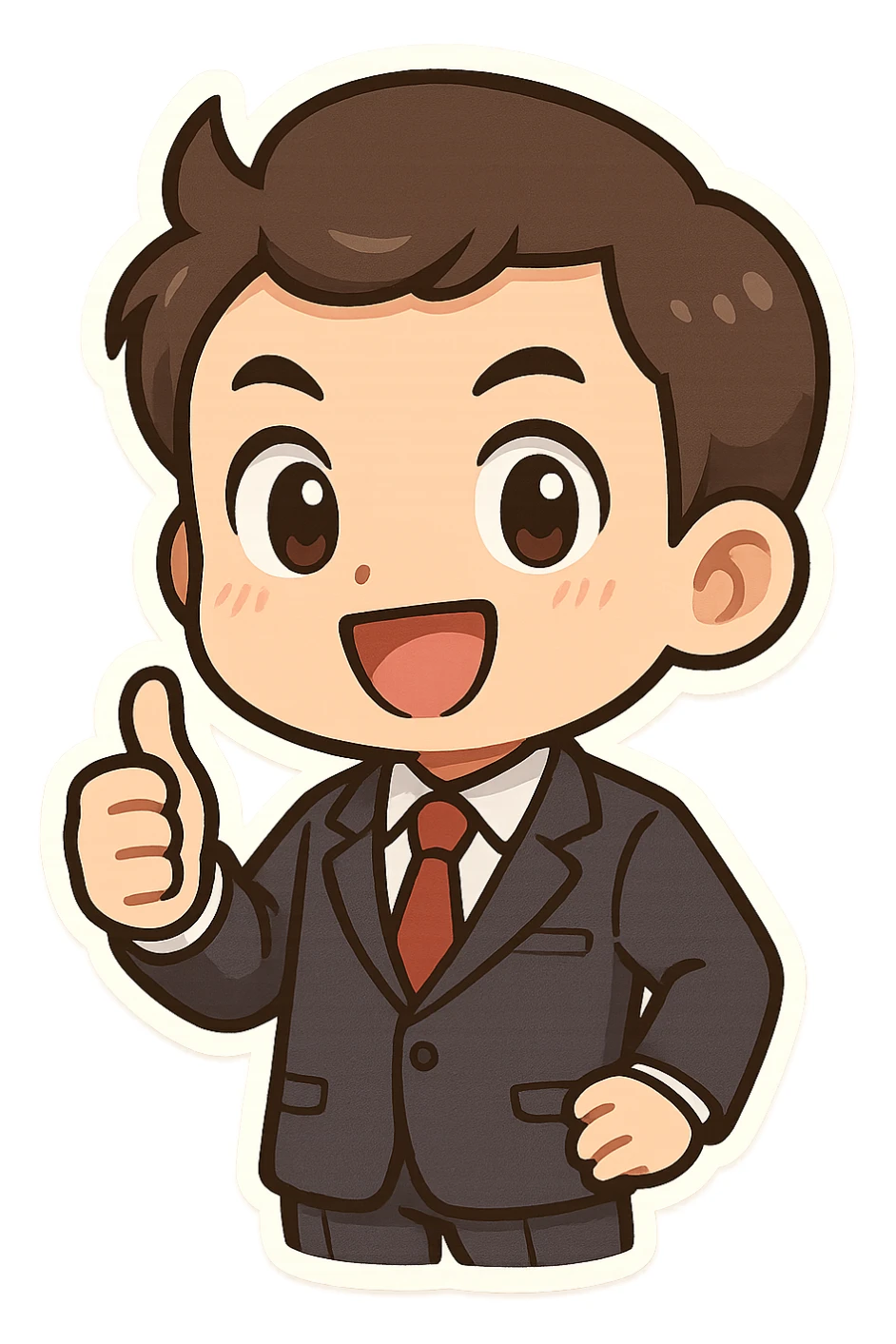 mini manager character, giving thumbs up, suit and tie, chibi proportions, energetic, simple background, manga-inspired style sticker