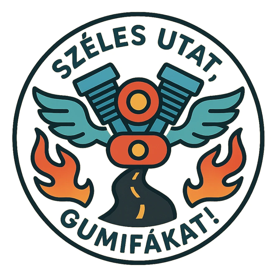 circular design for motorcycle cap, text 'Széles utat, gumifákat!', motorcycle motifs including motor, road, wings, flames, well-wishing style sticker