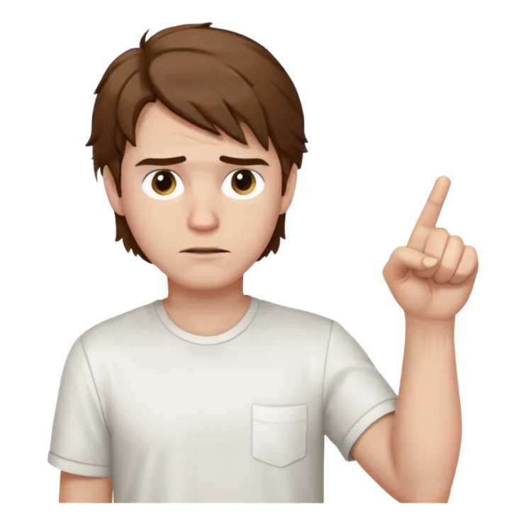 Weak man with disheveled hair pointing to his right sticker