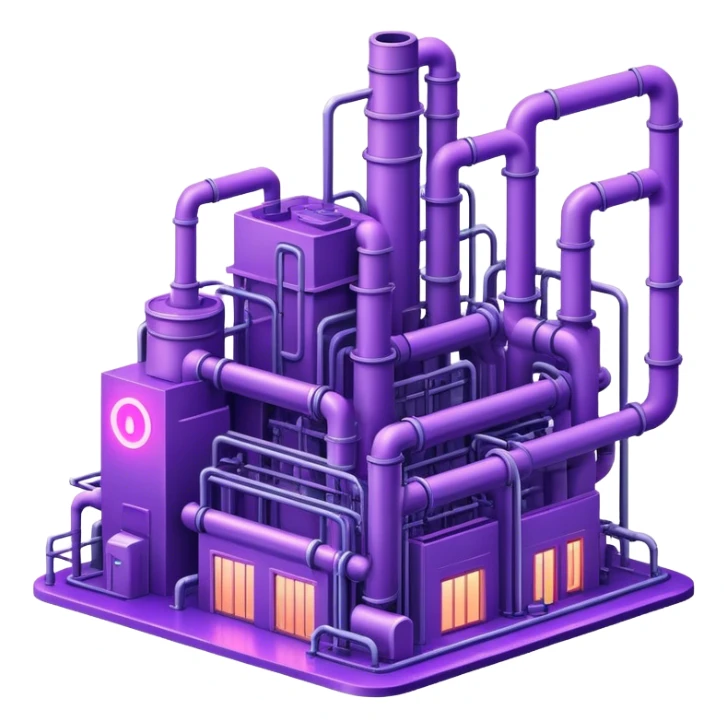AI-powered factory. It should be a building with pipes. Add violet neon glowing symbolizing power of AI sticker
