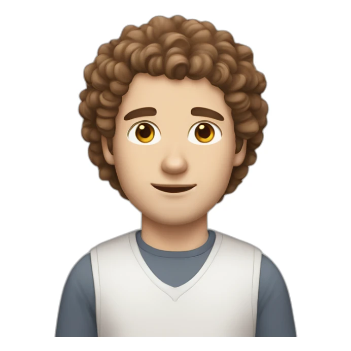 White man with brown curly hair, brown eyes, thick eyebrows, sharp jawline, bigger nose holding white and grey Ragdoll cat sticker