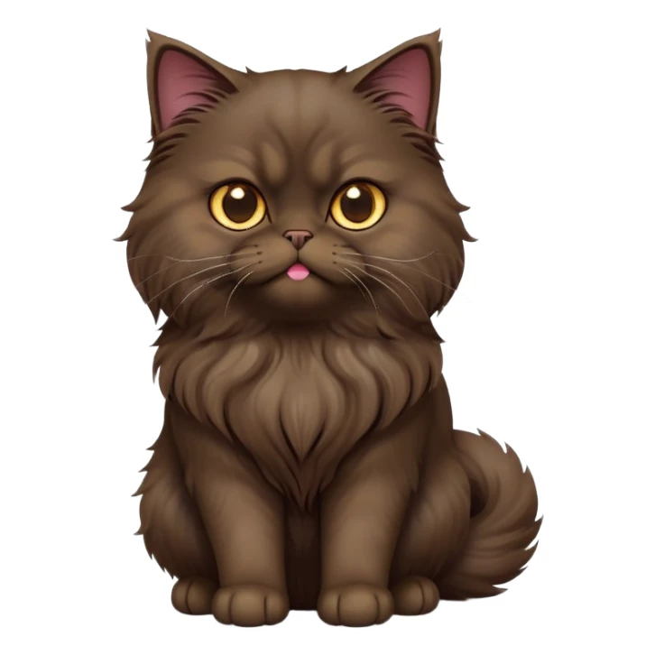 cinematic-[dark brown persian cat]-realistic-full-body-sitting-emoji,-tail-curled-playfully-around-its-paws,-head-tilted-dramatically,-fluffy-[dark brown]-fur,-simplified-yet-realistic-focused-features,-highly-detailed,-glowing-with-an-almost-sarcastic-glow sticker