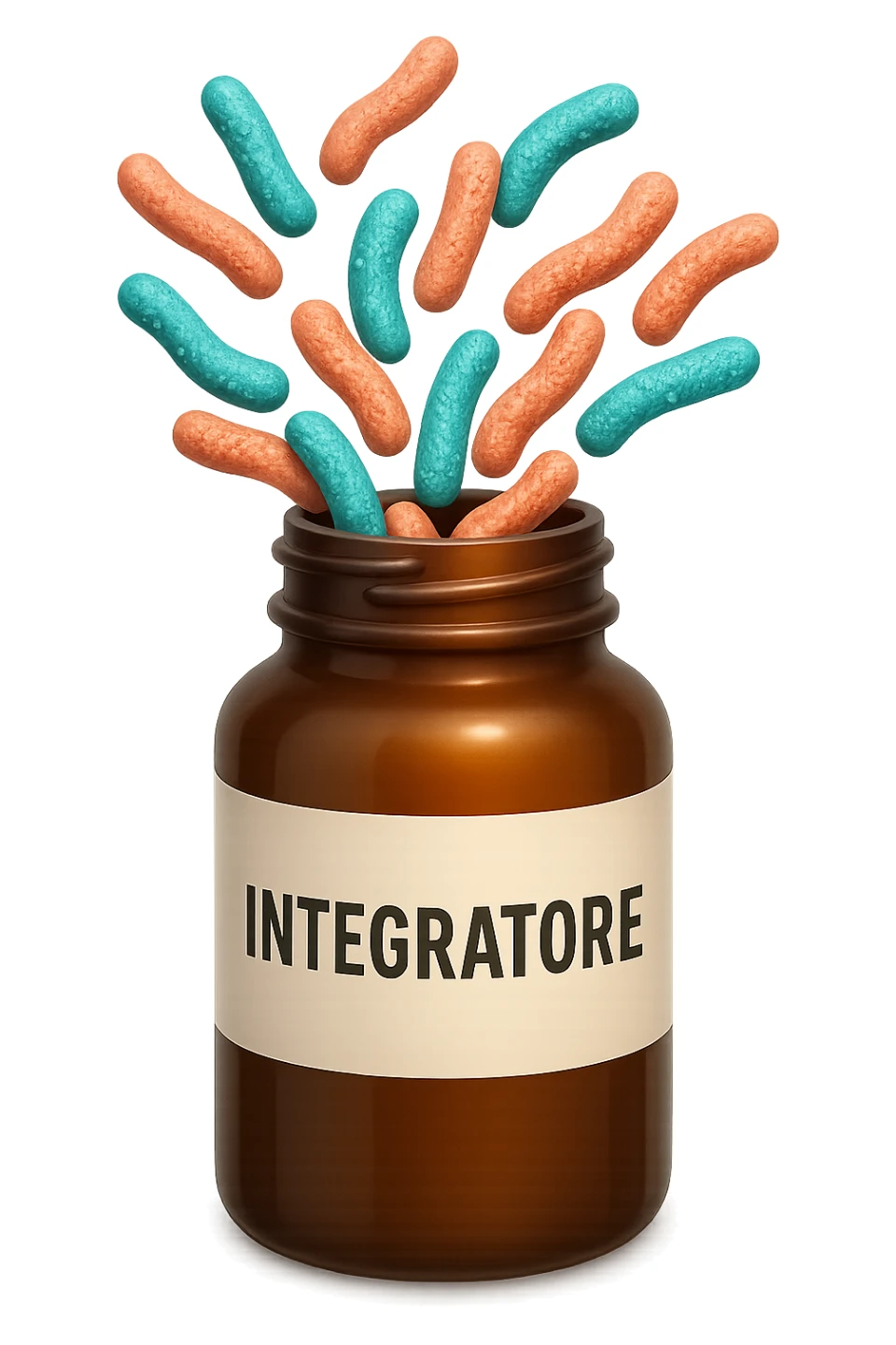 EMOJI STILE IPHONE DI boccetta di integratore con la scritta "INTEGRATORE" SULL'ETICHETTA, con batteri intestinali turchesi e rosa salmone che escono, IPERREALISTICO 4K sticker