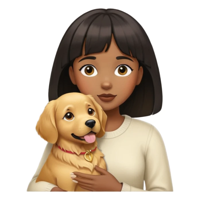 A black girl with short bangs holding a golden retriever sticker