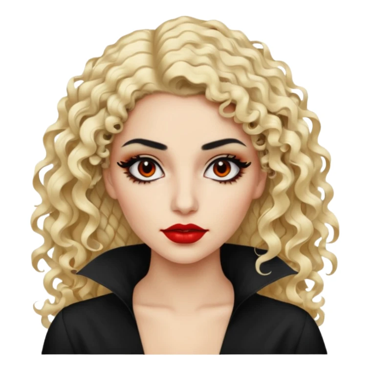 Pale Saudi beauty, pretty baddie, black eyeliner red lipstick, split dye leftside blonde rightside black curly hair sticker