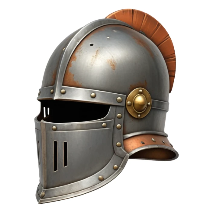 Antique medieval knight helmet with light rust and weathered metal sticker