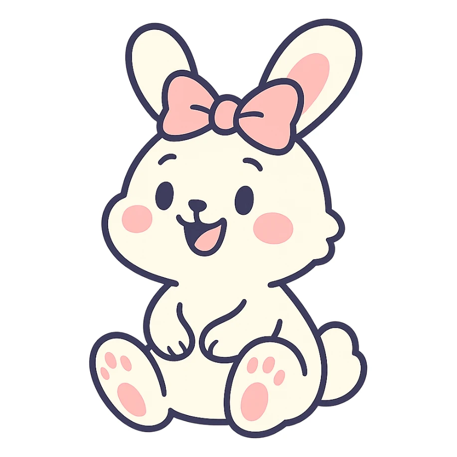 cutesy white bunny rabbit with a pink bow, sitting and smiling, pastel toon style sticker