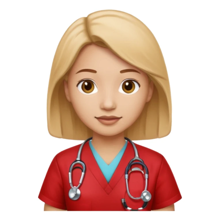 Medical assistant wearing redish scrubs with sethscope  sticker