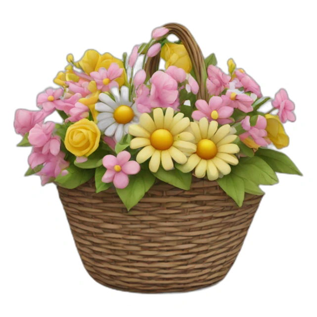 basket of artificial flowers with black ribbon sticker