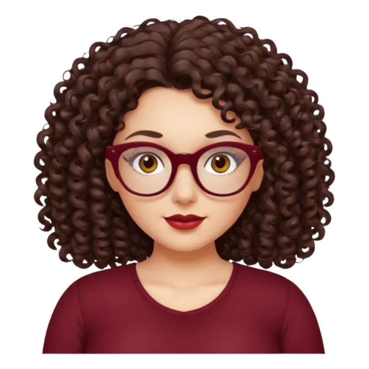 brunette , curly long hair , gray eyes , dark red glasses , curvy sticker