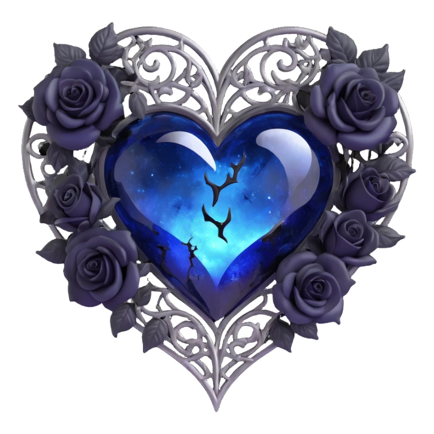 gothic heart, deep blue glass, silver moon, black roses, stardust, lightning, rain, cracked glass, subtle style sticker