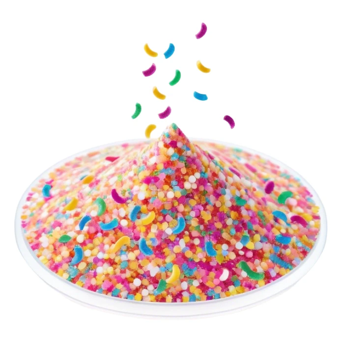 Cinematic Realistic Sparkles & Sprinkles, a delicate swirl of tiny, multicolored sugar confetti and edible glitter, scattered across a smooth reflective surface, each speck glinting under soft ambient light, glowing vibrantly with a dreamy and magical charm. sticker