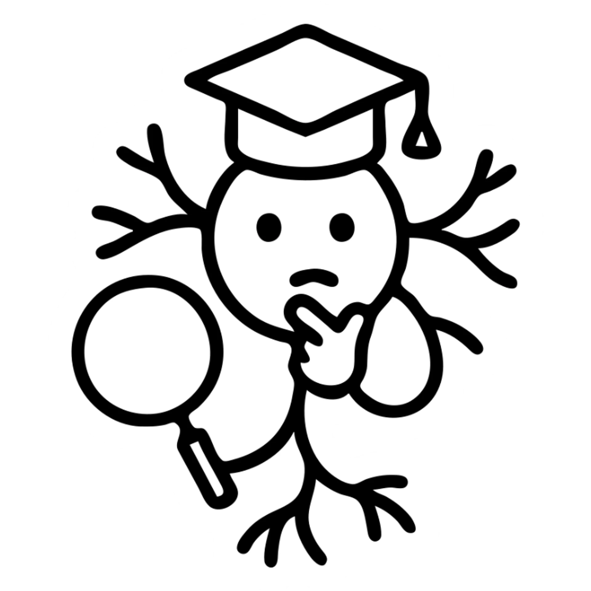 neuron styled as student detective, with graduation cap, magnifying glass, thoughtful pose, minimal outlined icon style sticker