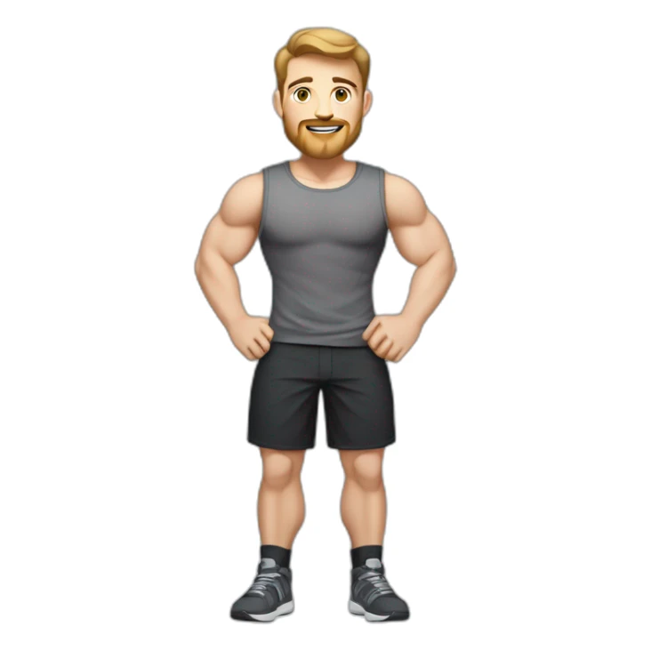 Full height Pale skinned fit man With biceps, Realistic eyes and mouth, light brown hair and stubble In dark gray sleeveless mike, black oversize sports shorts, watch and white sneakers. sticker