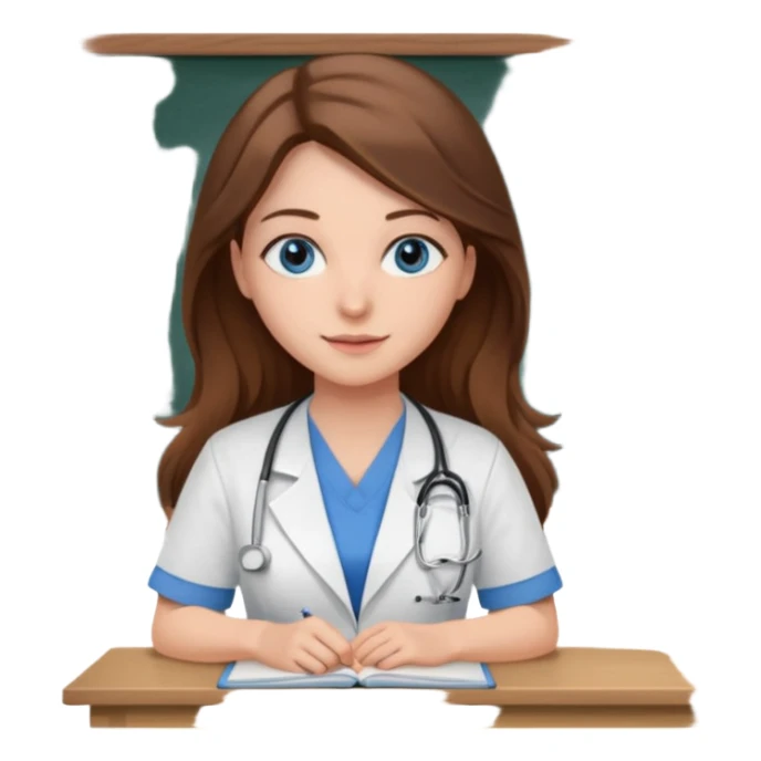 university classroom that says nursing school on the blackboard with a pretty female nursing student with long brown hair, blue eyes sticker