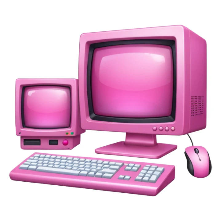 shiny pink transparent sparkly 90s computer with CRT monitor, keyboard, PC tower, mouse sticker