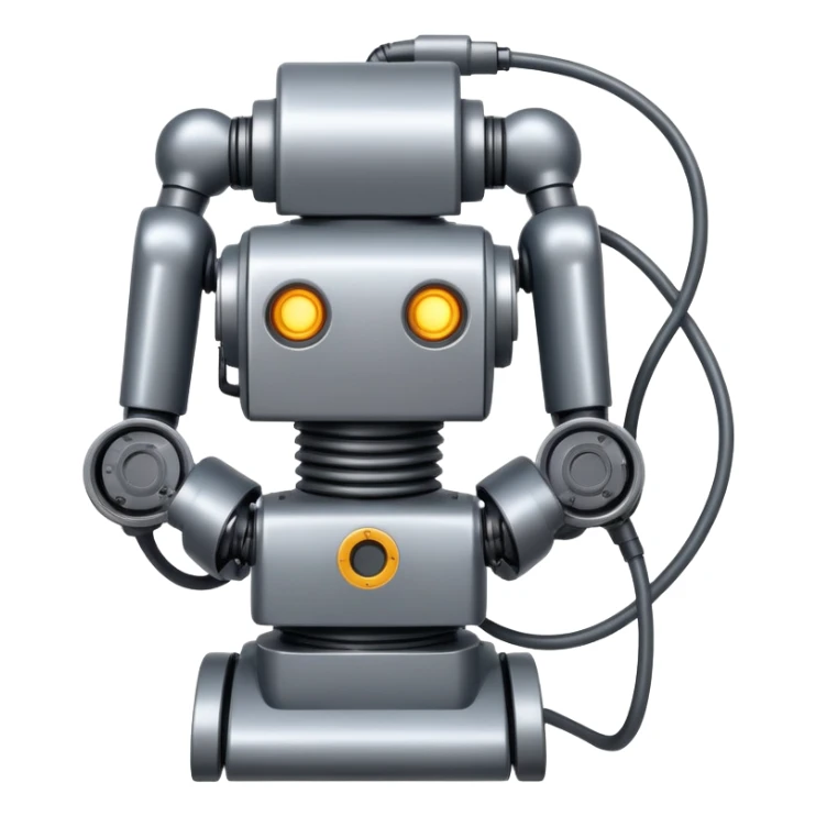 Industrial robot with exposed wiring and heavy metal plating sticker