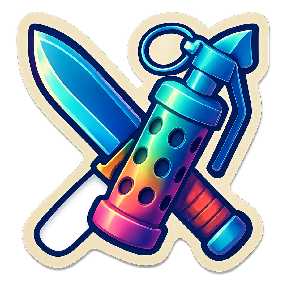 a crossed combat blade and flashbang, square symmetrical framing, 90s futuristic sticker
