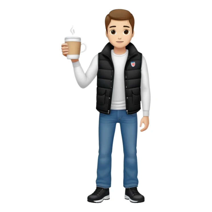 full body man with plain black puffy winter vest with no pockets over long sleeved white shirt wearing straight lboot cut levi blue jeans with no cuffs and white tennis shoes holding one coffee mug in his hand and nothing in his other hand sticker