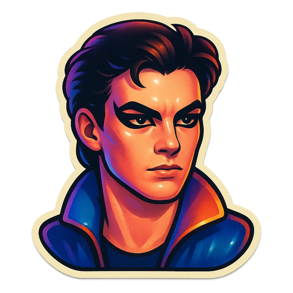 non-female character with sharper, black angular eye makeup, retro sticker style, subject inside image borders, high quality sticker