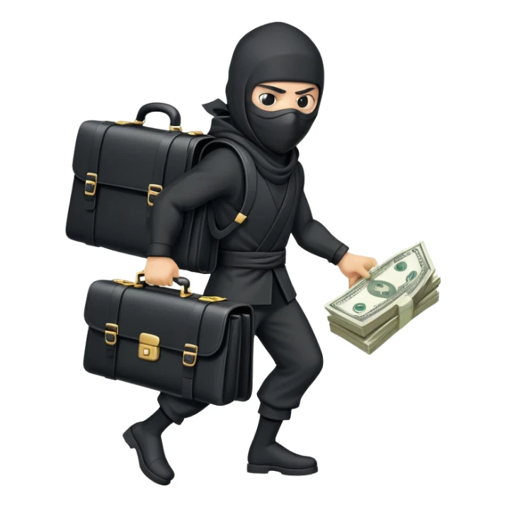 Masked ninja carrying a black briefcase overflowing with dollar bills sticker