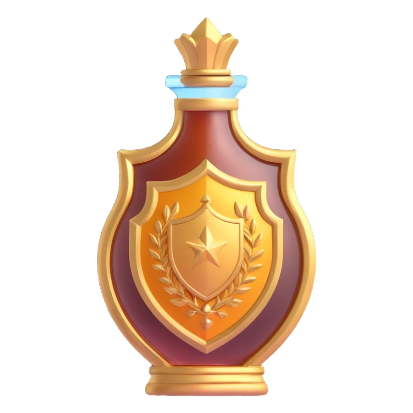 modern shield-shaped elixir bottle, #7986cb, ornate gold details, magical shine, 🛠 symbol, seamless bottom, floating, no base, collection style sticker
