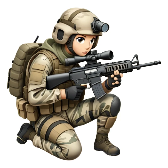 A tactical player in camouflage gear, crouched behind cover with a rifle aimed, ready for action. The scene is set in an outdoor field, with strategic obstacles and soft sunlight, conveying the intensity and teamwork of a competitive airsoft match. sticker