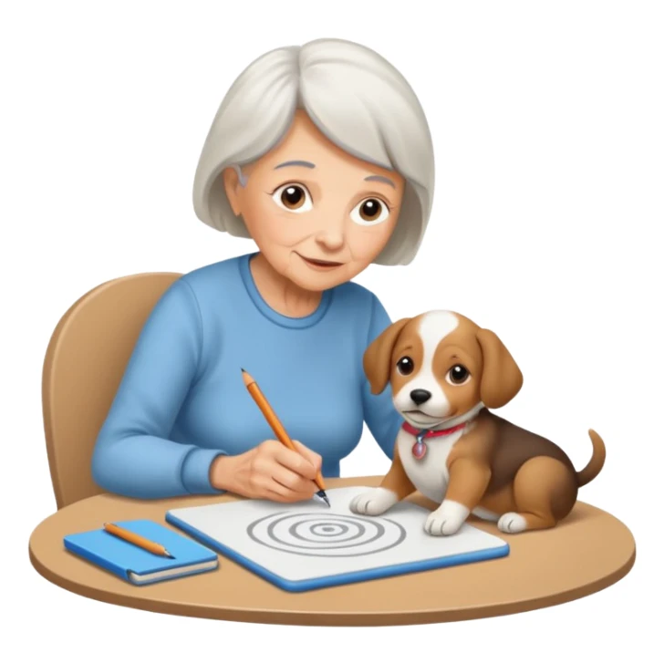 An elderly woman sketching her puppy on the spiral pad. sticker
