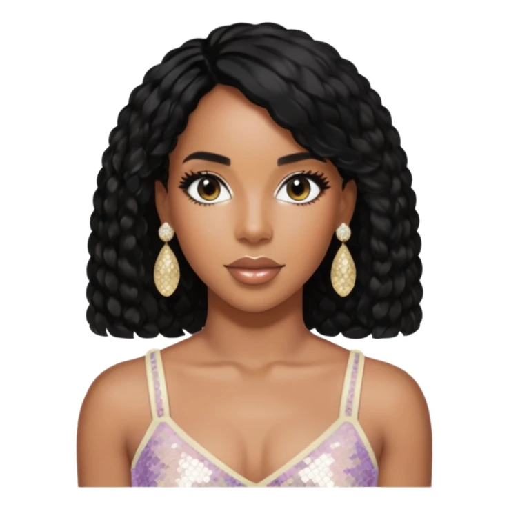 Kelly Rowland with black hair, ivory sequin crop top, ivory earring sticker