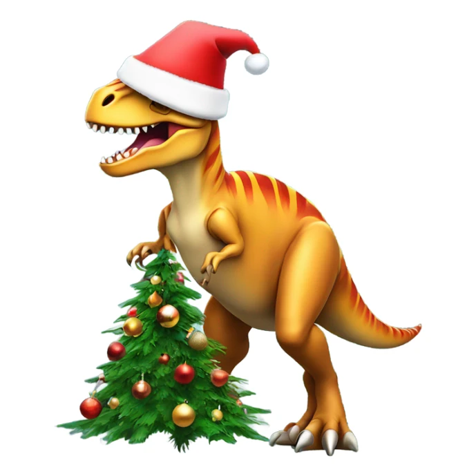 T. rex wearing a Santa hat decorating a Christmas tree sticker