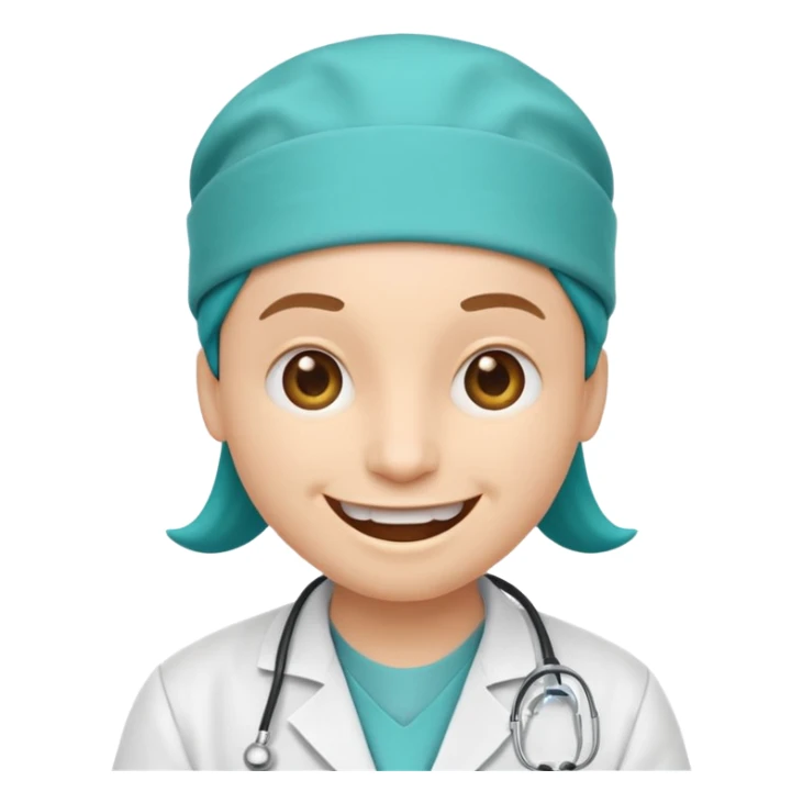 iPhone emoji style smiley face with an extremely wide, exaggerated smile, wearing a white doctor lab coat and teal surgical cap sticker