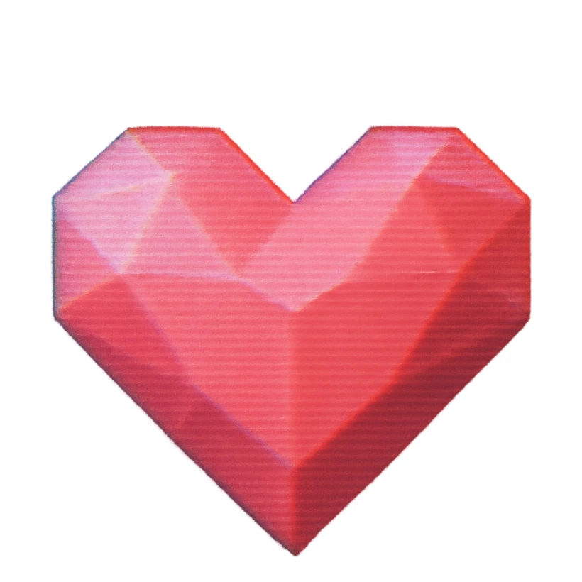 Low-poly 3D heart icon with a cute but vintage feel, slightly pixelated edges, CRT glow effect, pink-to-red gradient with subtle scanline texture, VHS distortion, color bleed, slight blur, static flicker sticker