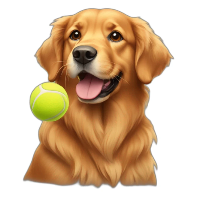 Red Golden retriever with a tennis ball sticker
