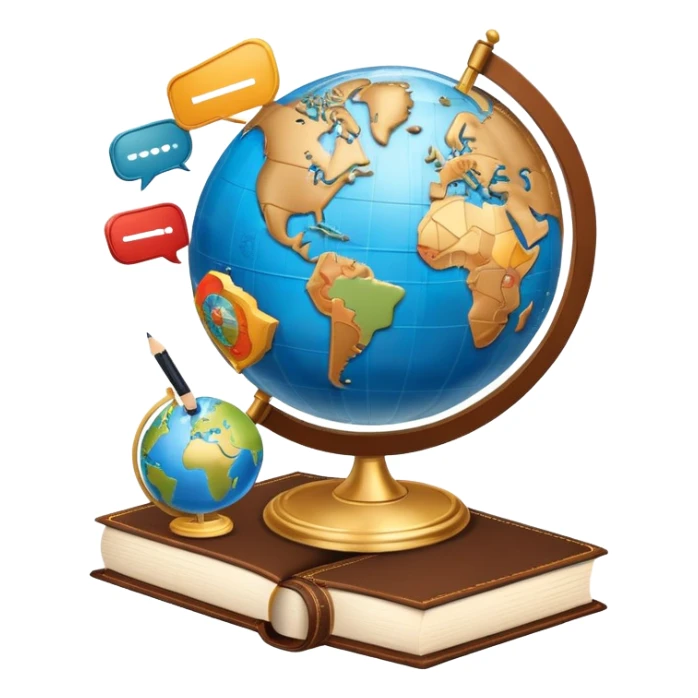 An icon featuring a globe with speech bubbles in different languages, symbolizing the study of foreign languages. The design includes a book and a pencil, representing learning and communication across cultures. Transparent background highlights the global nature of language education. sticker