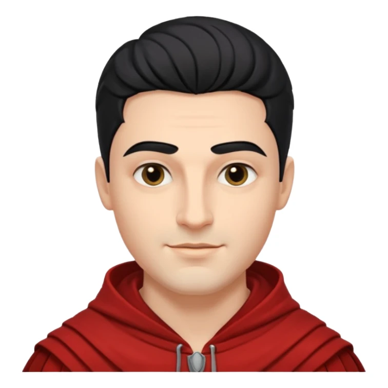 A handsome man with fair complexion. masculine, roman, slightly crooked nose. Thick triangular eyebrows. Hooded eyes and black pupils.  smily lips with a heavy top lid.  thick black hair  80/20 part with an undercut.  sticker