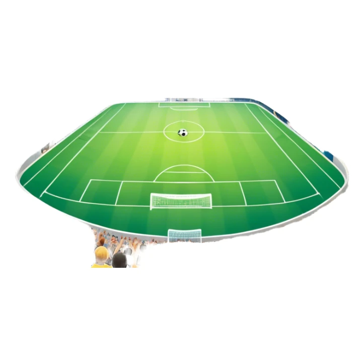 An icon showing a large, beautiful indoor stadium with soccer players on the field, actively playing. Fans cheer from the stands, creating a vibrant and energetic atmosphere. Bright lights shine down on the action, symbolizing the excitement of live sporting events. Transparent background. sticker