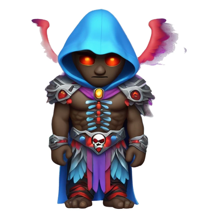 
Un personnage crânien stylisé avec capuche sombre, ailes lumineuses multicolores (rouge, violet, bleu), yeux rouges en croix, halo au-dessus, épées croisées dans le dos, torse musclé, bracelets noirs, et un style cartoon néon énergique. sticker