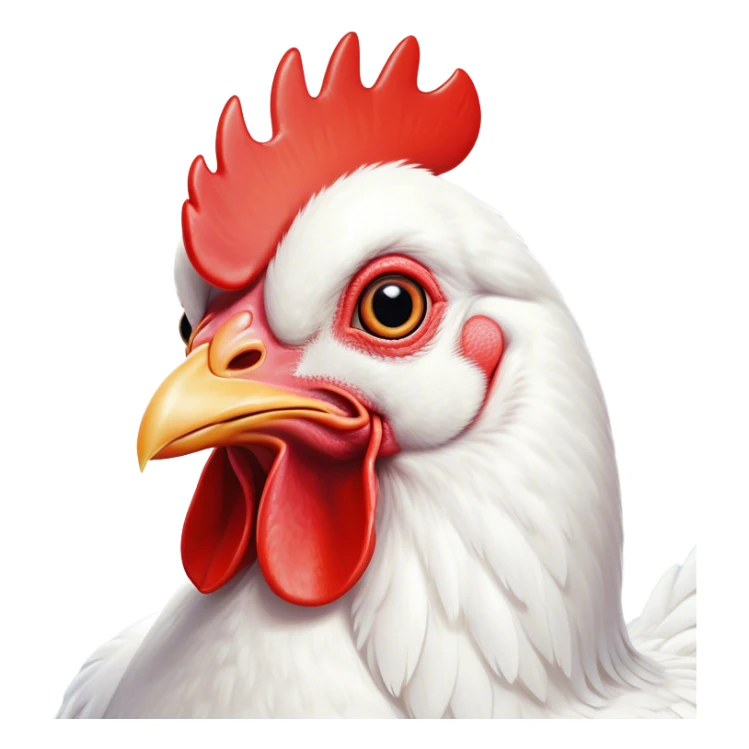 Cinematic Comical White Chicken Portrait Emoji, Head tilted dramatically with an exaggeratedly shocked or amused expression, featuring a sleek, immaculate white plumage with a prominent red comb, wide, expressive beady eyes filled with playful disbelief, Simplified yet hilariously expressive features, highly detailed, glowing with a slightly sassy glow, high shine, dramatic yet playful, stylized with an air of cheeky mischief, bright and endearing, soft glowing outline, capturing the essence of a spirited and over-the-top chicken, so meme-worthy it feels like it could cluck its way into internet fame instantly! sticker