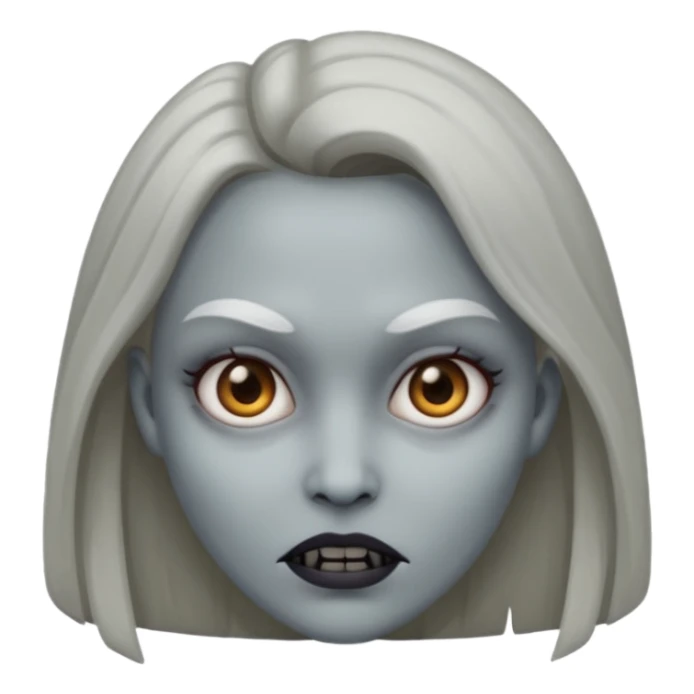 woman with gray skin and a creepy face sticker