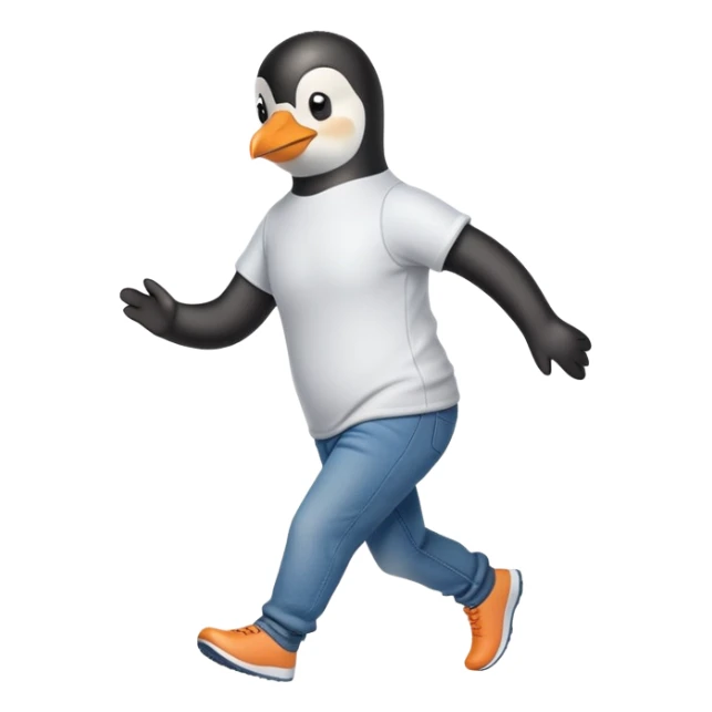 friendly anthropomorphised penguin in jeans and a t-shirt jogging upright standard pose no sunglasses sticker