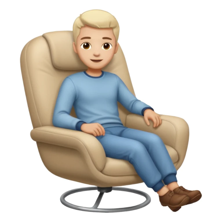 Emoji-style person relaxing on leaning chair, happy and content, rounded features, soft shading, sticker