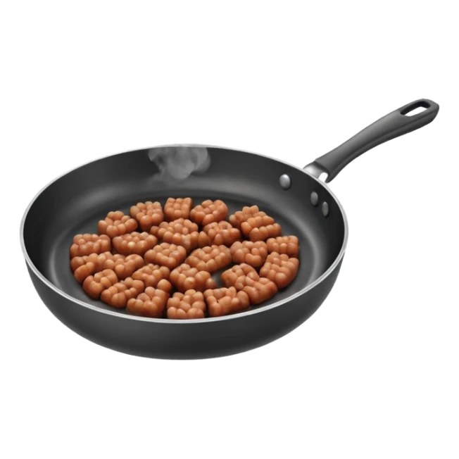 A 3D cartoon frying pan with minced meat being cooked, slight steam, realistic texture, Memoji-style. sticker