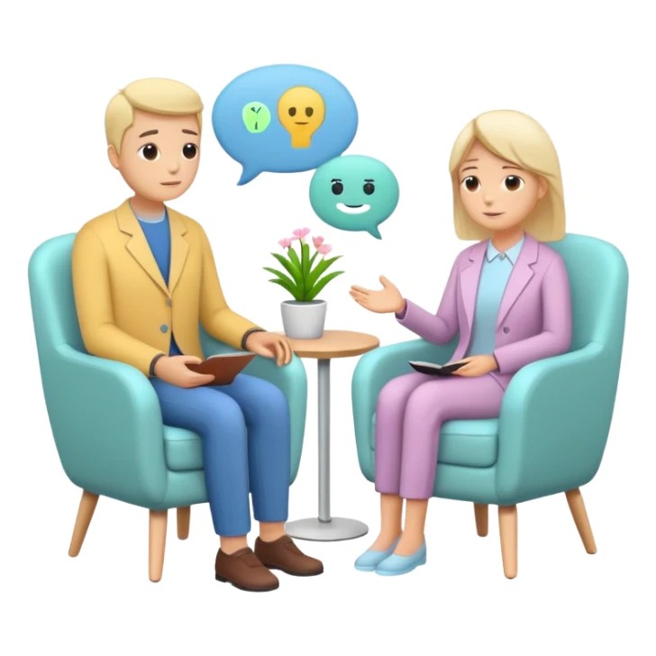 simplified human character sitting in a chair talking calmly with a psychologist, therapist listening attentively, safe and supportive atmosphere, mental health session, flat custom emoji sticker, pastel colors, rounded shapes, minimal details, thick outline, white background, no text sticker
