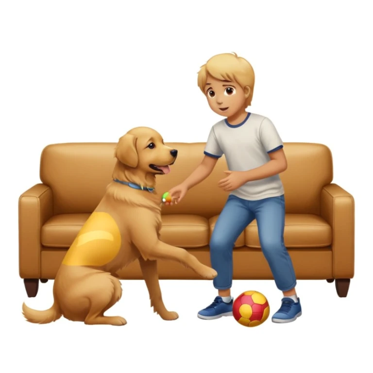 kid and dog playing with ball, living room background sticker