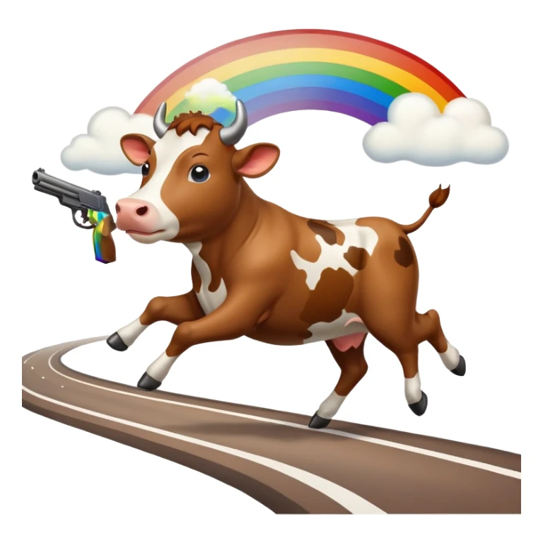 a cow running across a highway on a rainbow shooting a gun sticker
