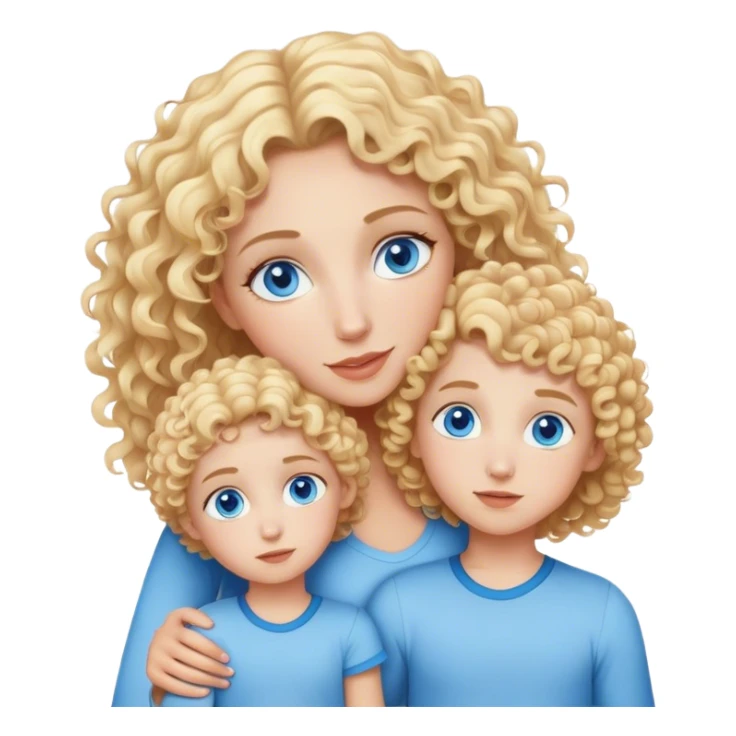 Curly haired blonde mom with blonde daughter and son twins blue eyes sticker
